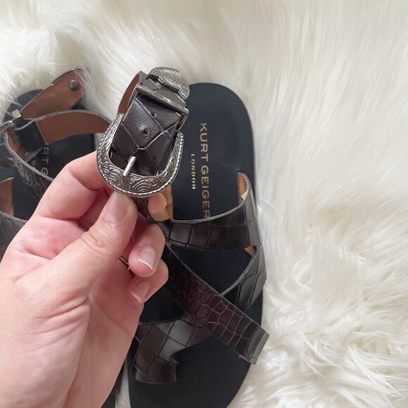 Kurt Geiger Black Brown Mia Silver Western Hardware Leather Strappy Sandals - Picture 2 of 6